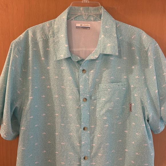Columbia PFG Men's Fish Print Short Sleeve Button Down Shirt Teal Green Large - Picture 2 of 12